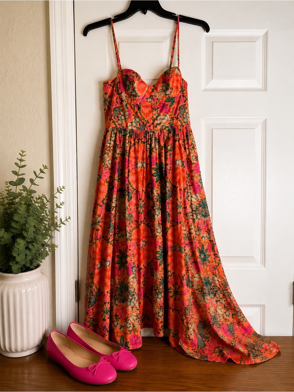 Olivaceous Orange Floral Strapless Midi Dress with Pink & Green Accents Small